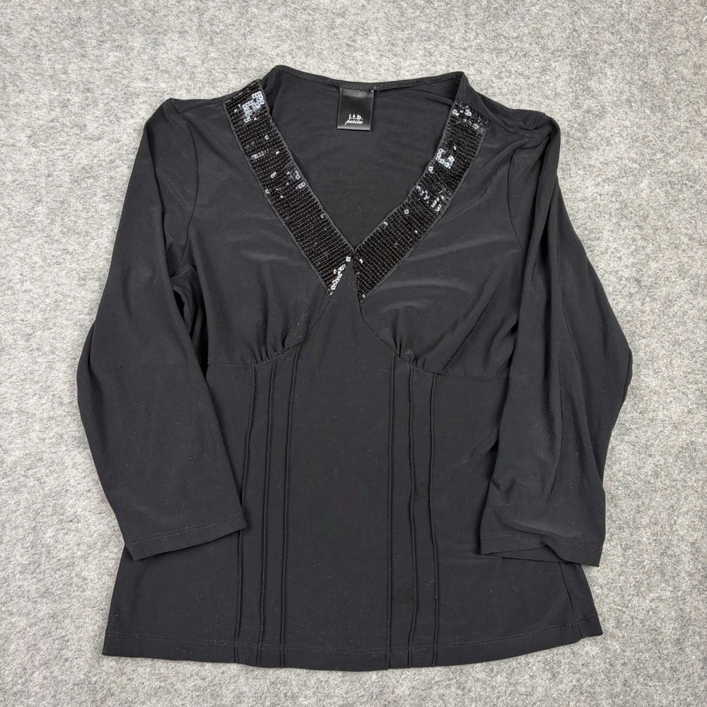 J.T.B. Petite Blouse Womens Small Black Sequin V-Neck 3/4 Sleeve Dressy Top